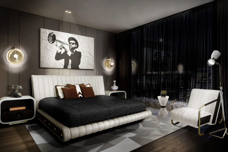 Luksuzna spavaća soba sa velikim umetničkim delom i efektnim osvetljenjem u tamnim nijansama